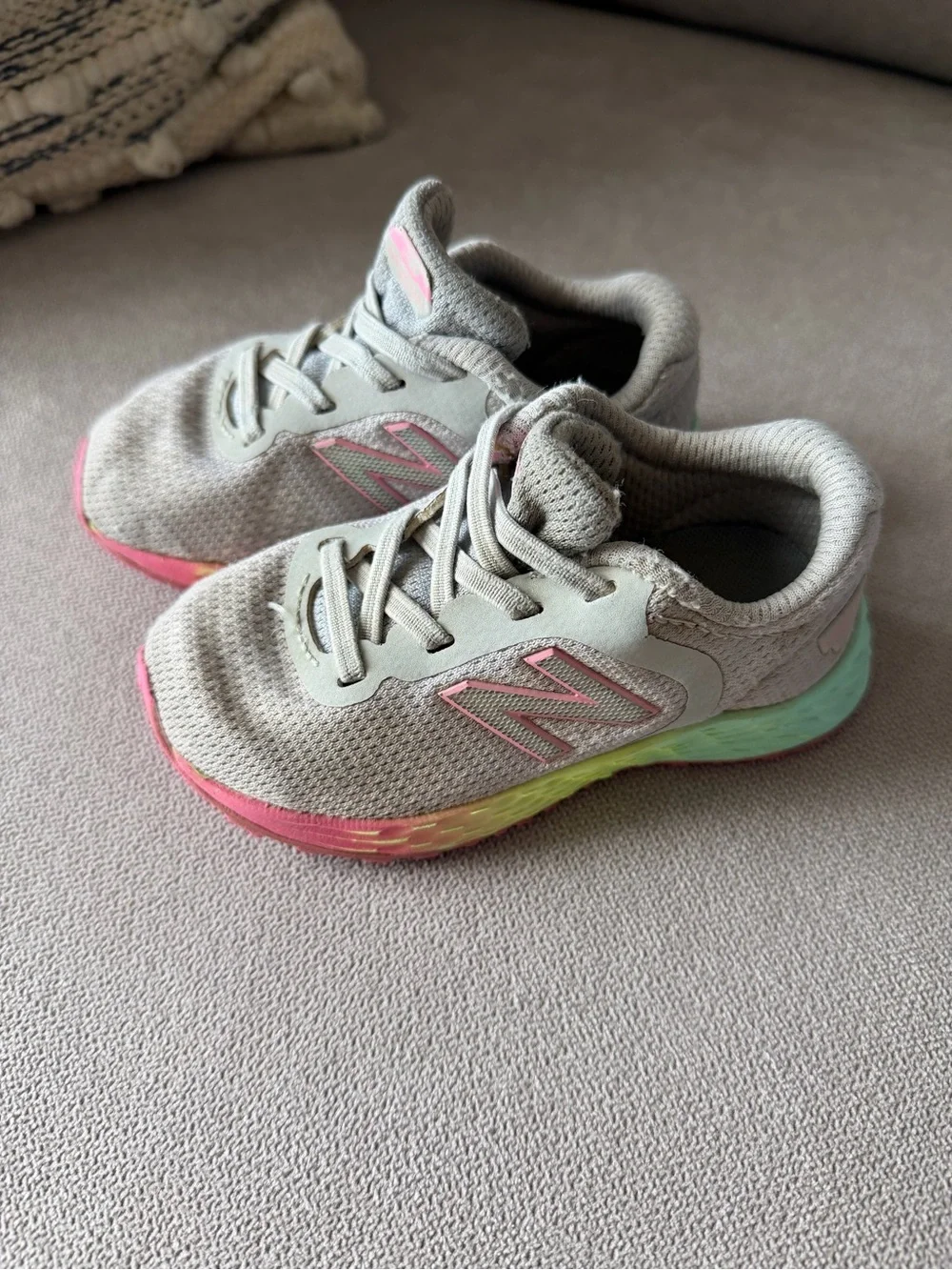New Balance Toddler Gray Sneakers with Pink & Mint Gradient Midsole